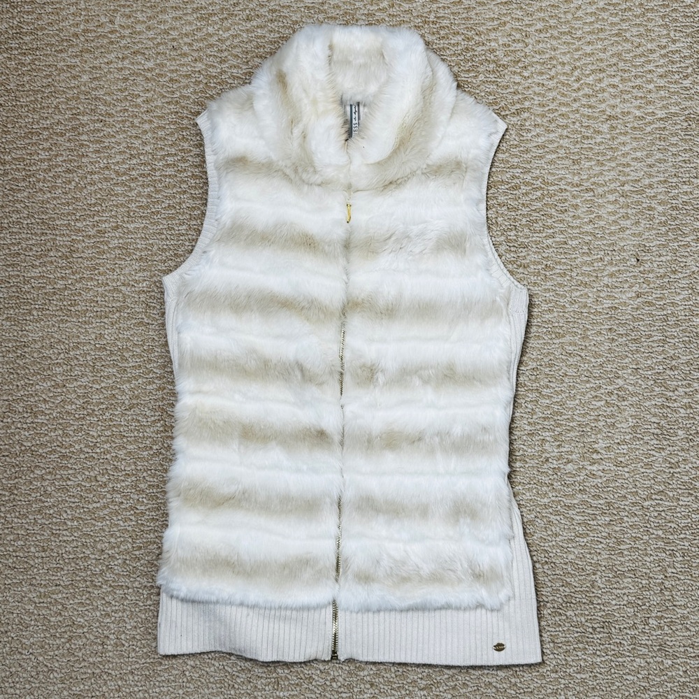 Guess Ivory Faux Fur Vest with Gold Zip